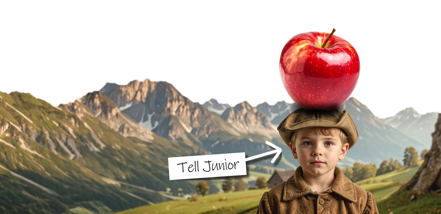 Collage: Junge mit übergroßem Apfel auf dem Kopf vor Alpenpanorama, beschriftet mit „Tell Junior“