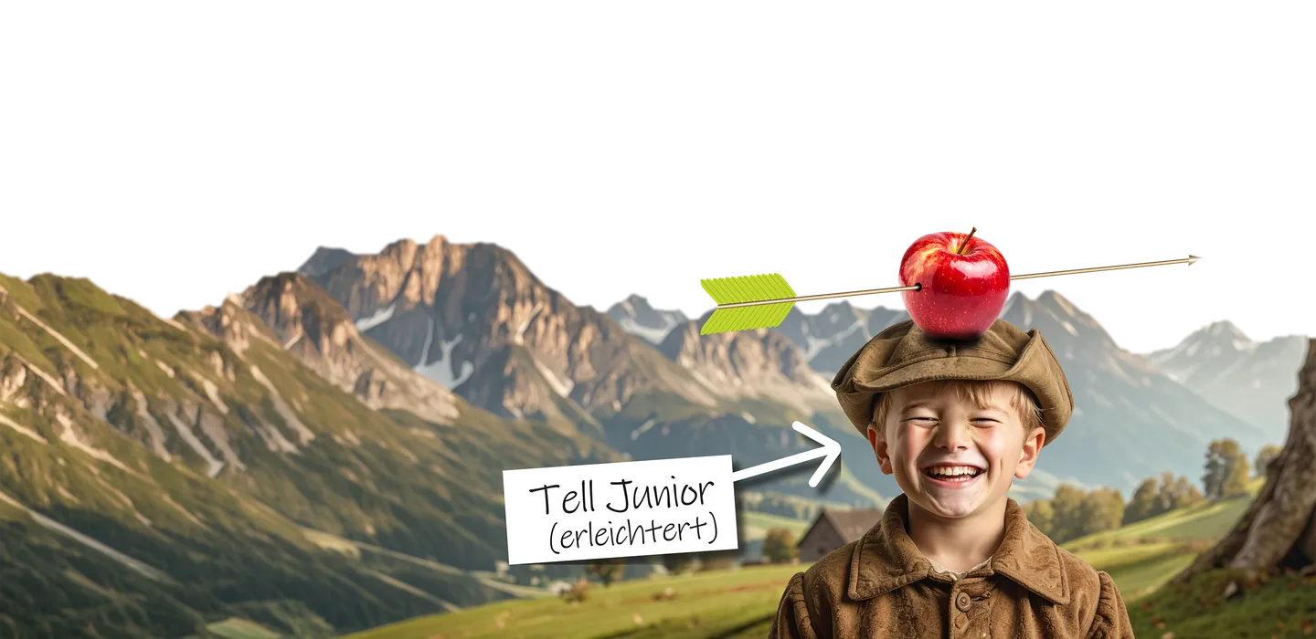 Collage: lachender Junge, der Apfel auf seinem Kopf ist von einem Pfeil durchbohrt, beschriftet mit „Tell Junior (erleichtert)“